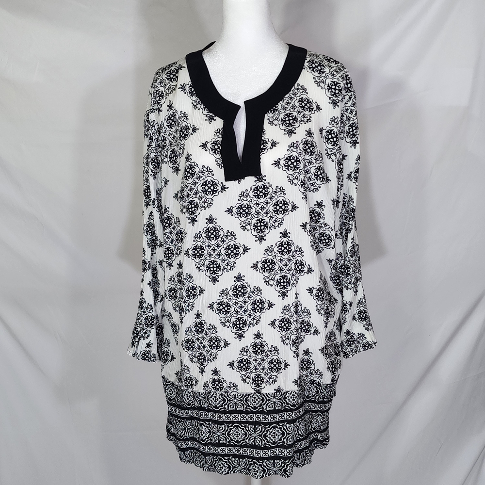 Sag Harbor Black and White 3/4 Sleeve Tunic with Bib Collar (XL)